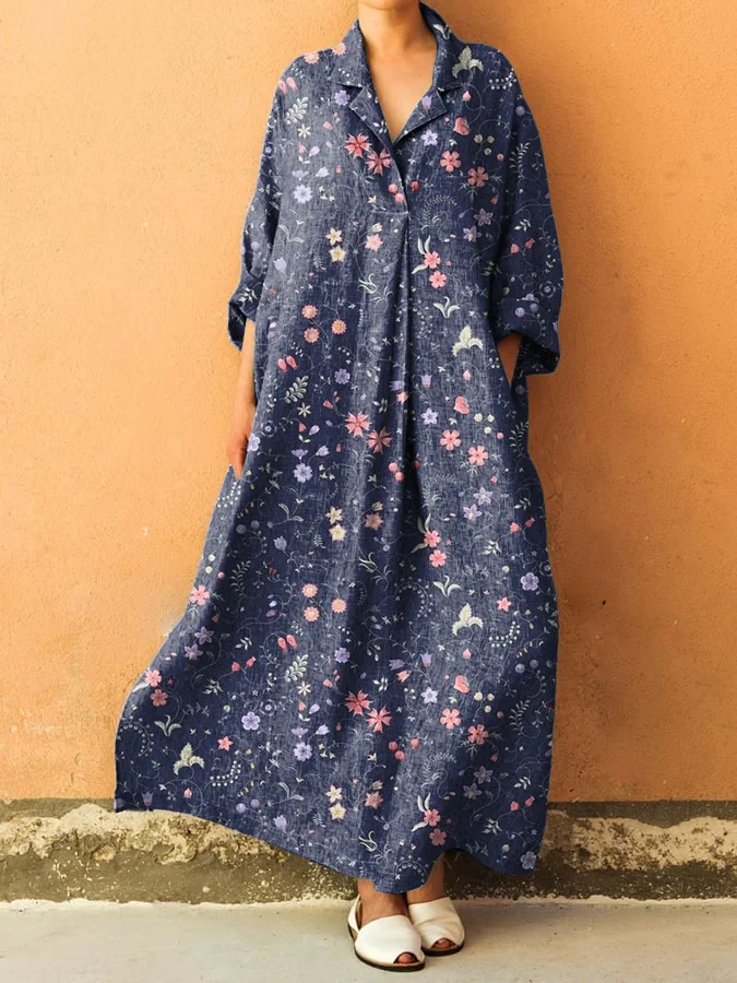 Casual Floral Print Shirt Collar Long Sleeve Loose Dress