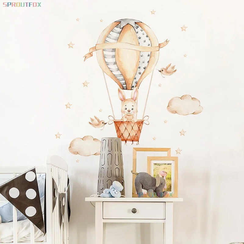 Cartoon Baby Cute Bunny Wall Stickers Hot Air Balloon Wall Decals Baby Nursery Home Decoration Clouds and Stars for Girls Room