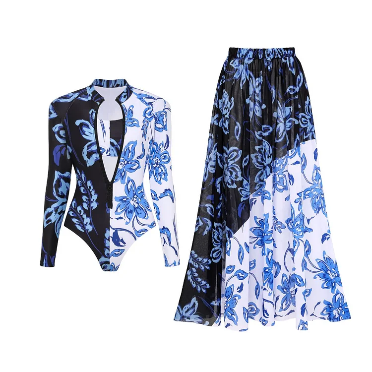 Color Block Printed Long Sleeve One Piece Surf Swimsuit and Skirt