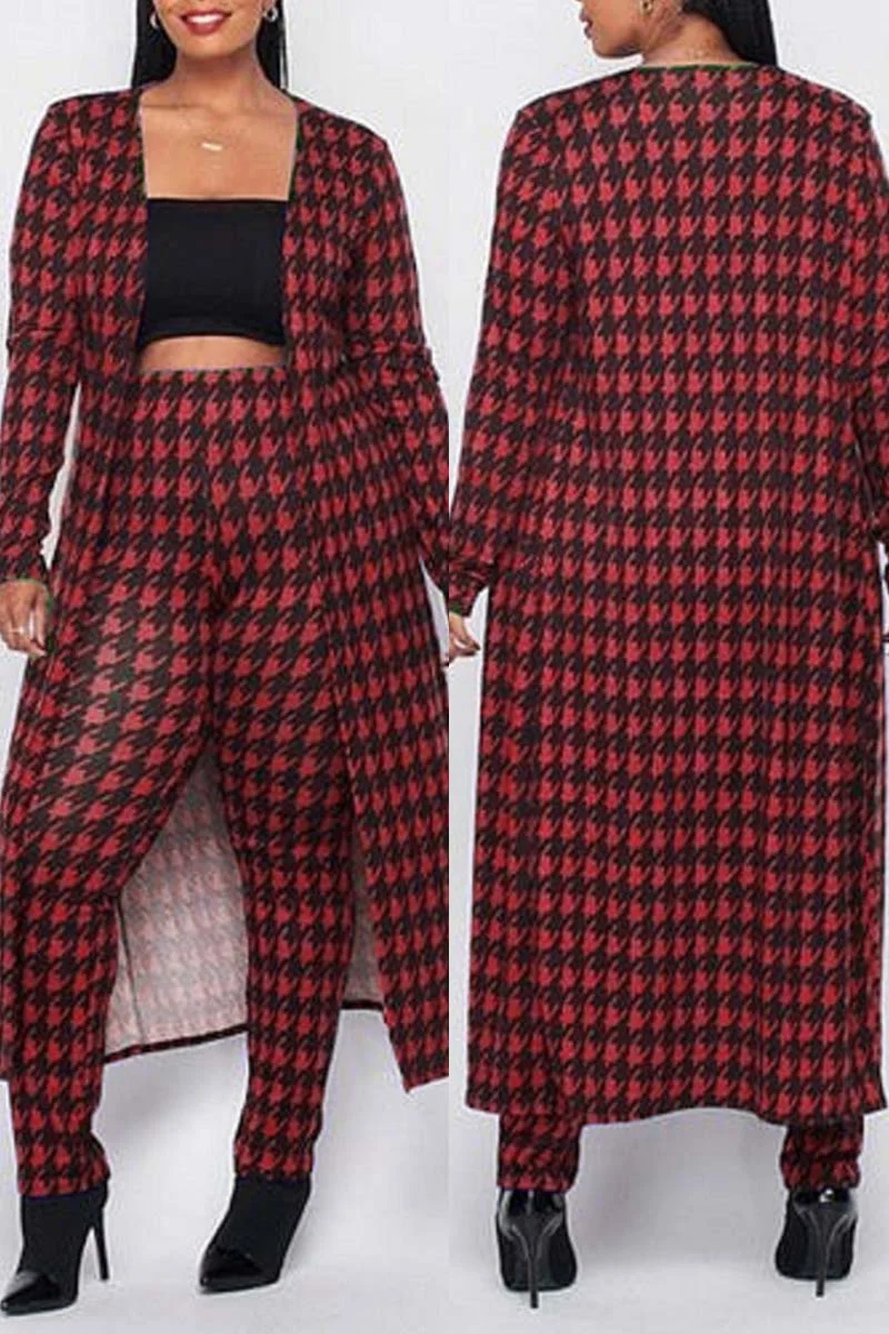 Red Fashion Casual Print Cardigan Pants Long Sleeve Two Pieces