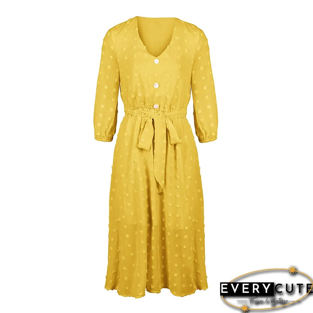 Yellow 1/2 Sleeve Button Down V Neck Casual Dress
