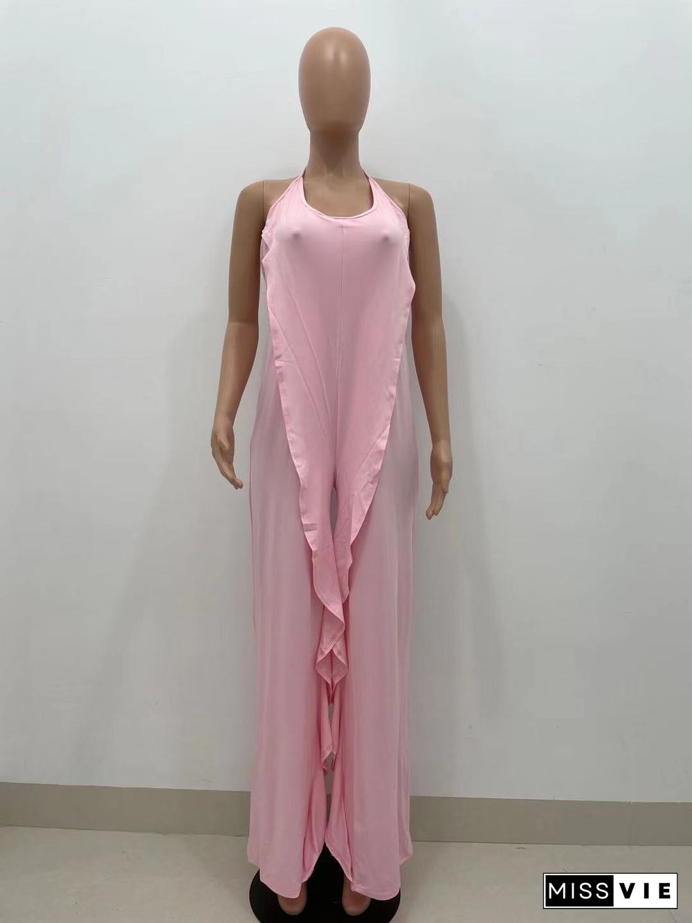 Casual Solid Color Sleeveless Ruffle Halter Lace Up Party Club Summer Plus Size Loose Wide Leg Jumpsuits