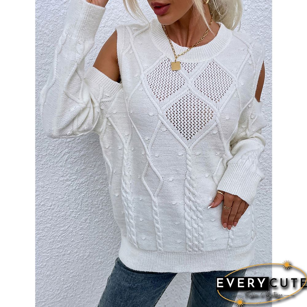 White Hollow Out Knitted Cold Shoulder Sweater