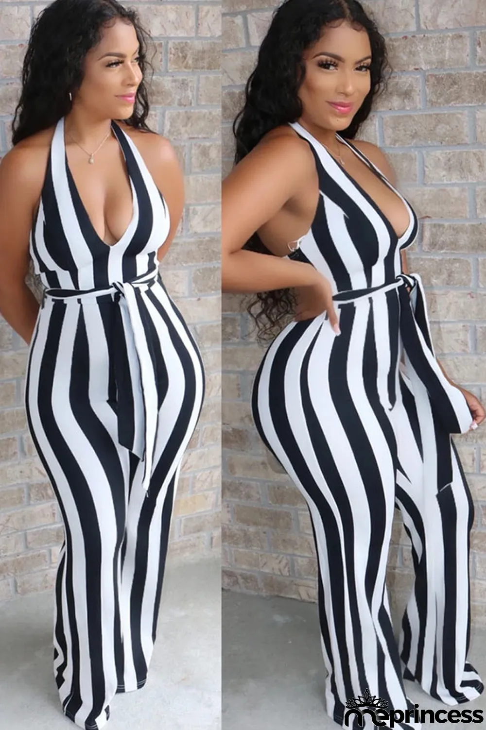 Black Fashion street Striped Backless Polyester Sleeveless V Neck Jumpsuits