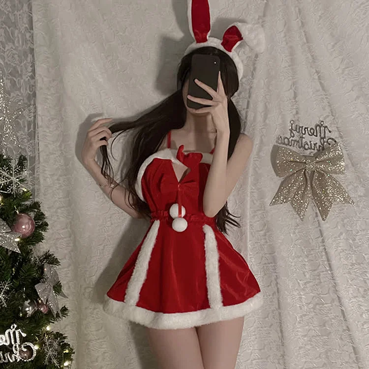 Bunny Tail Bow Fuzzy Ball Decor Slip Dress - Modakawa Modakawa