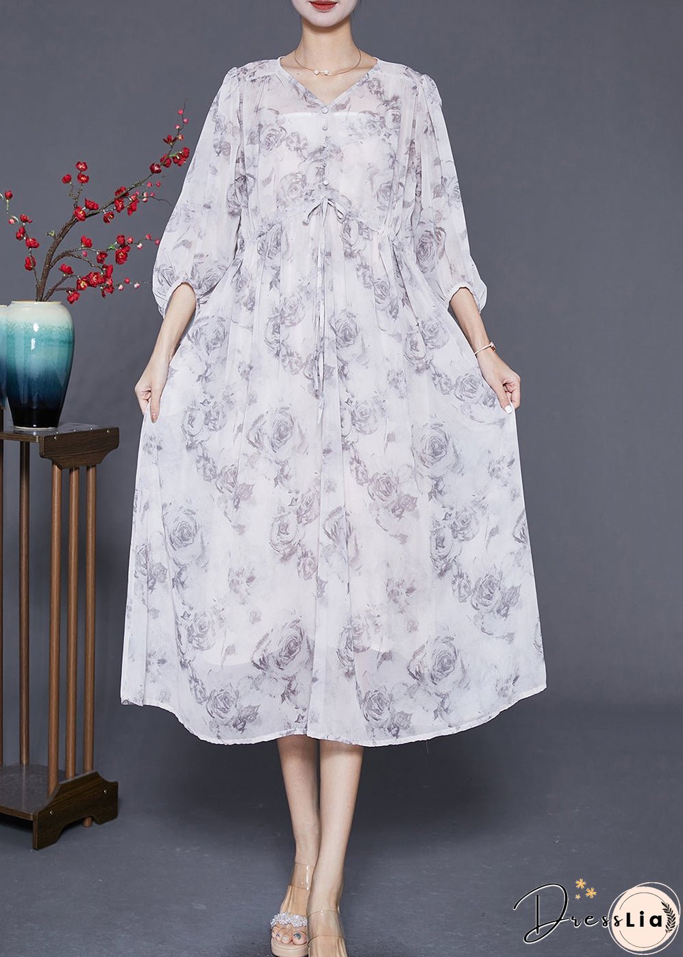 Women White Cinched Rose Print Chiffon Party Dress Summer