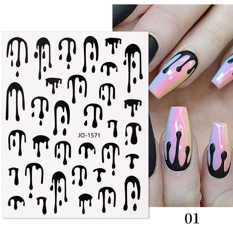 1 Pc 3D Nail Stickers Laser Gold Silver Black White Drops Design  Self-Adhesive Slider Nail Art Decorations Decals Manicure Tool