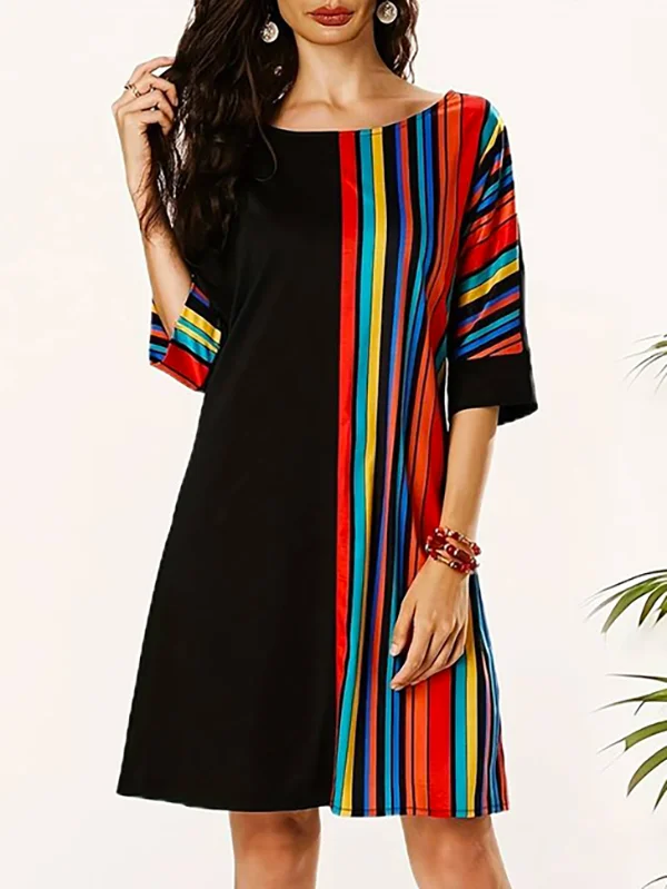 A-Line Half Sleeves Asymmetric Contrast Color Striped Round-Neck Mini Dresses