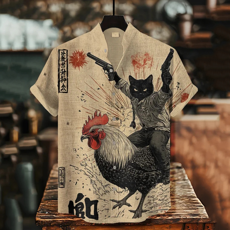 Men's Rooster And Black Cat Explosion Scene Calligraphy Print Short Sleeve Shirt  artssus