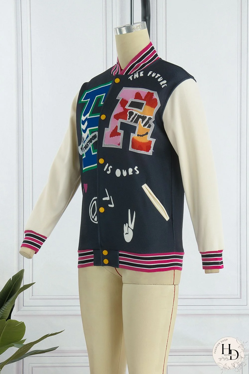 Blue Casual Print Patchwork O Neck Outerwear