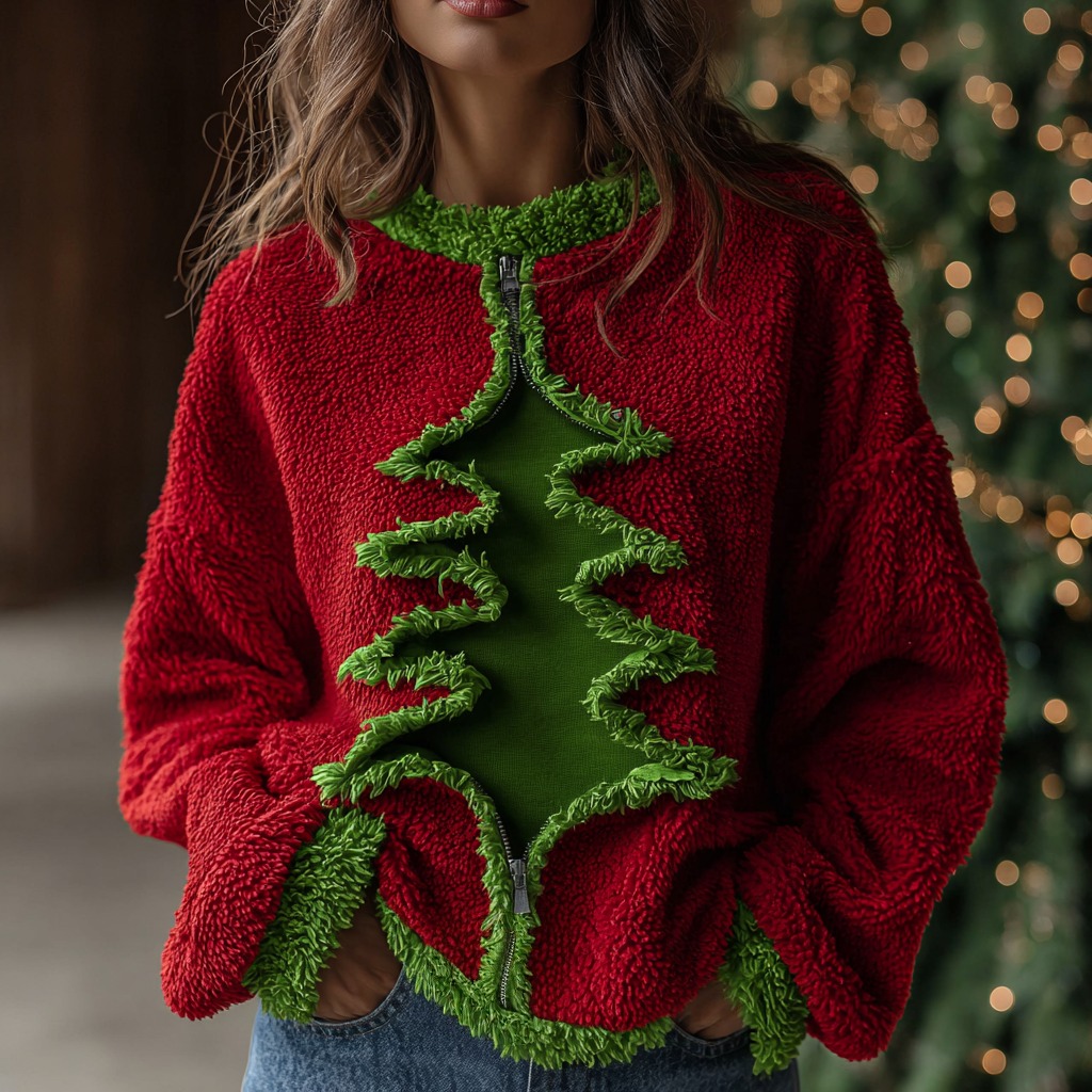 Zipper Christmas Tree Color Block Plush Warm Crew Neck Pullover elevenforest
