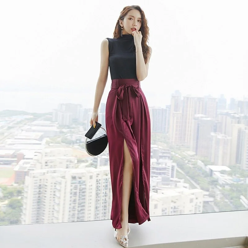 Cartoonh Women Business Set 2022Fashion Sexy Solid Sleeveless Tight Tank Tops+Satin High Waist Lace-up Slit Wide Leg Pants Two Piece Set