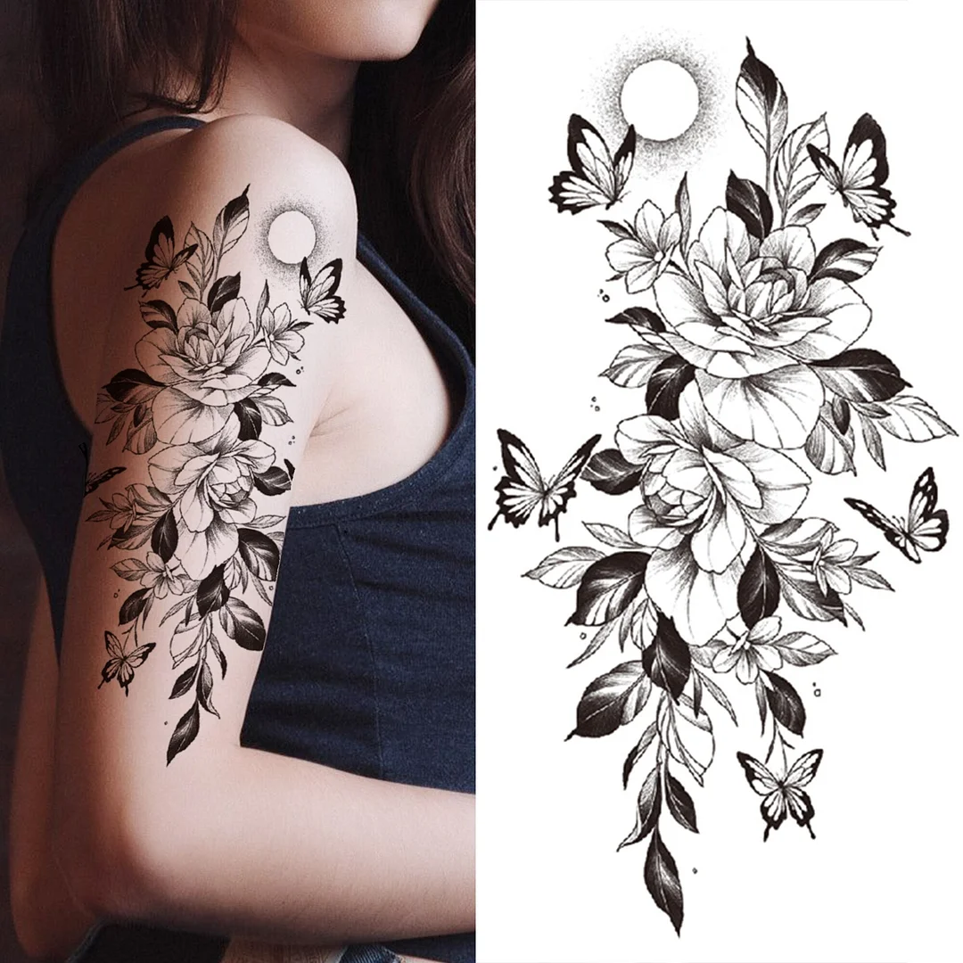 Black 3D Rose Temporary Tattoo For Women Girls Adult Peony Dahlia Flower Tattoos Sticker Black Flora Glory Geometric Arm Tatoos