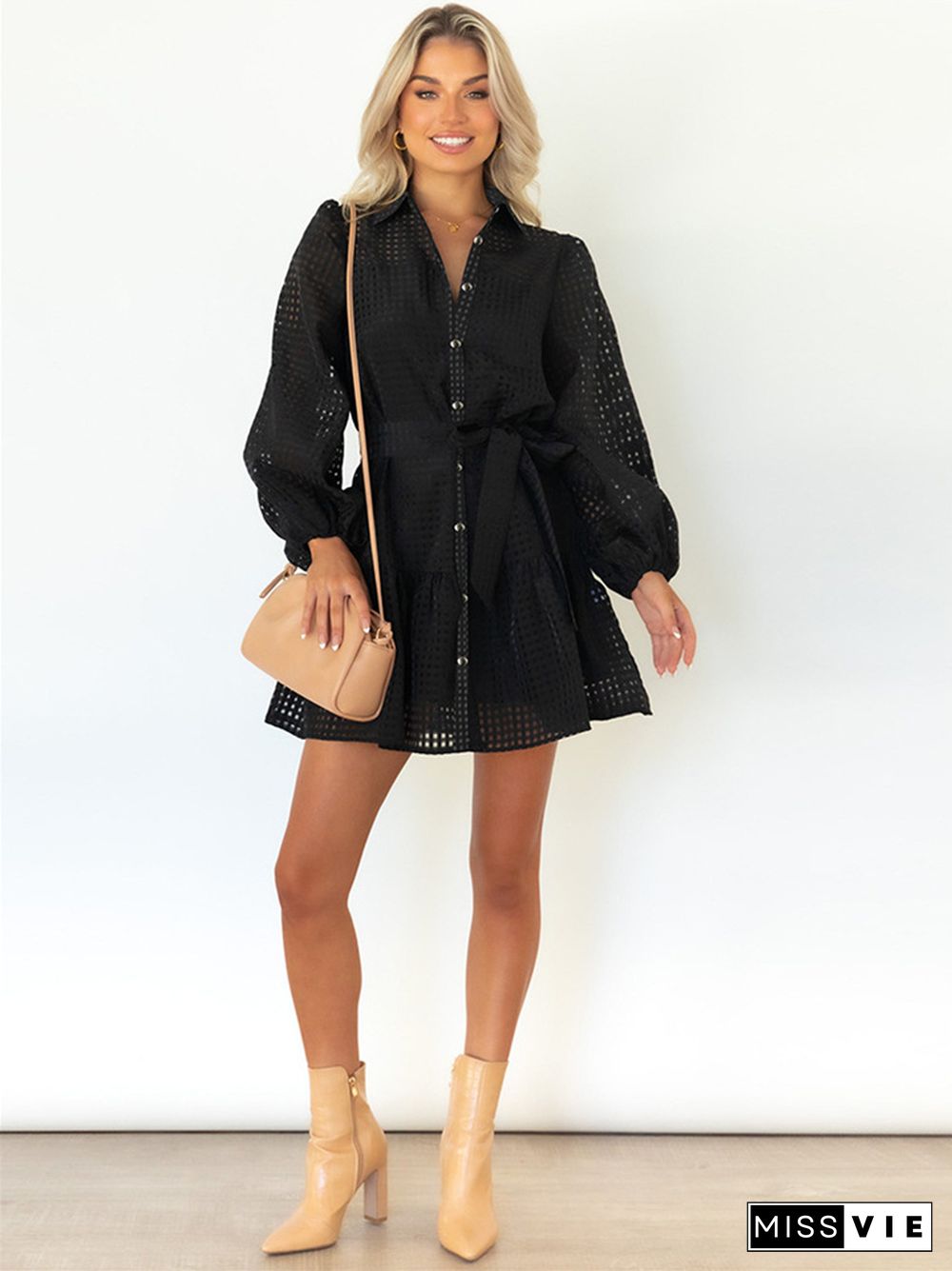 Leisure Lantern Sleeve Plaid See-through Dress 2-piece Skirt