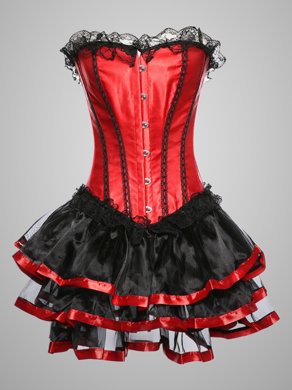 Vintage Color Block Lace Paneled Buttoned Girdle Corset with Layered Skirt