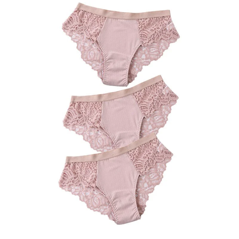 3PCS Soft Cotton Women Underwear Panties Solid Comfort Underpants Seamless Lace Briefs For Woman Sexy Low-Rise Panty Intimates