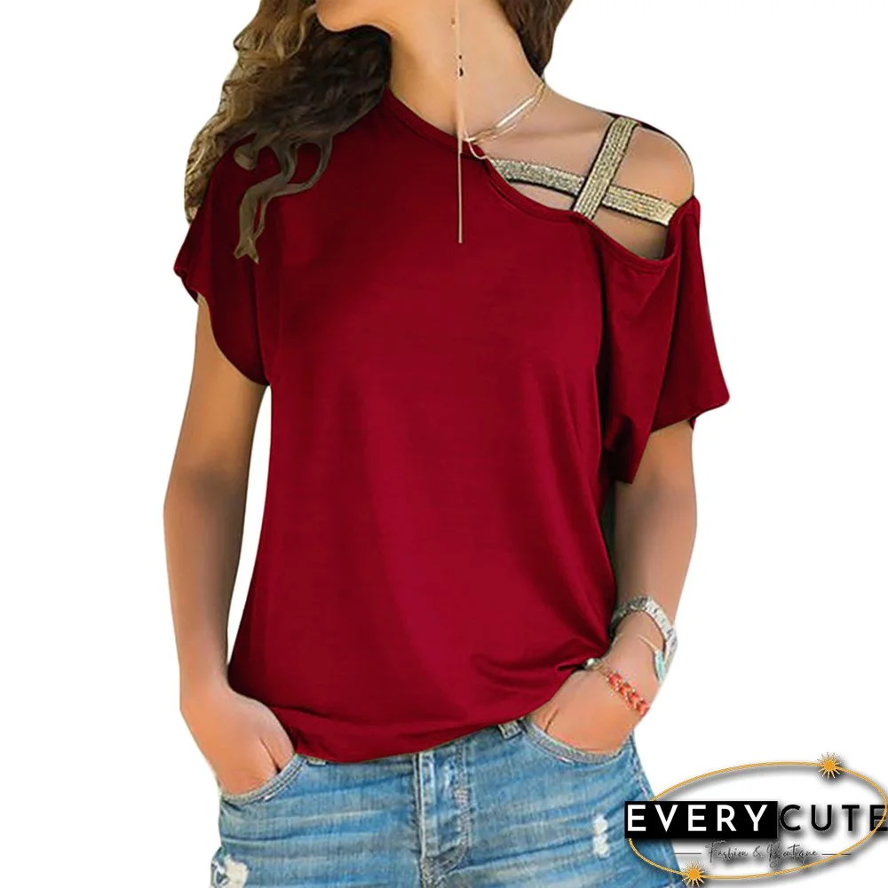 Wine Red Crisscorss Cold Shoulder Tees