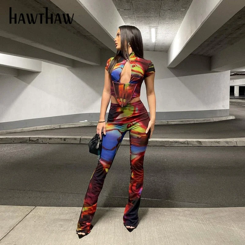 Hawthaw Women Short Sleeve Printed T Shirt Tops Long Pants Two Piece Sets Suits Outfits 2022 Summer Clothes Wholesale Items