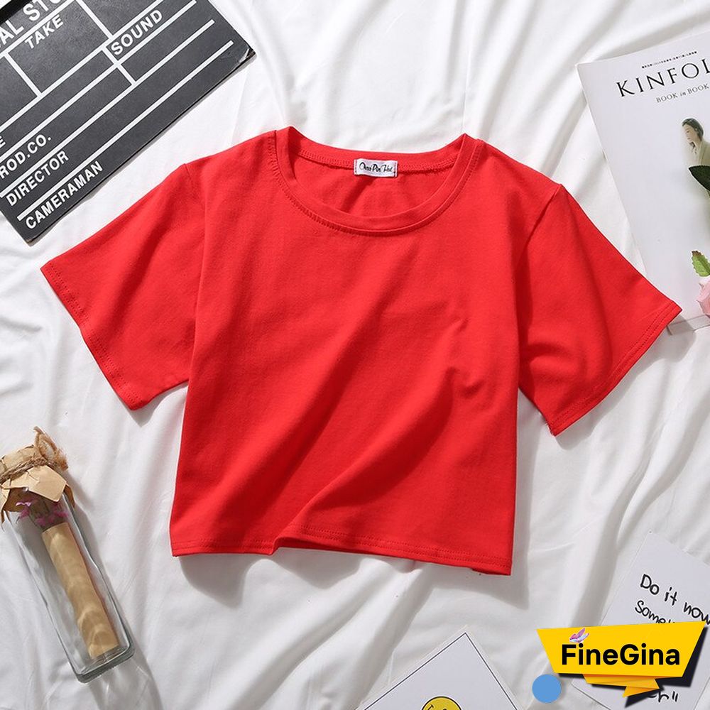 Summer Short Sleeve T Shirts Women Cotton Solid T-shirt O Neck High Waist Crop Top Tee Female Casual Loose T Shirt