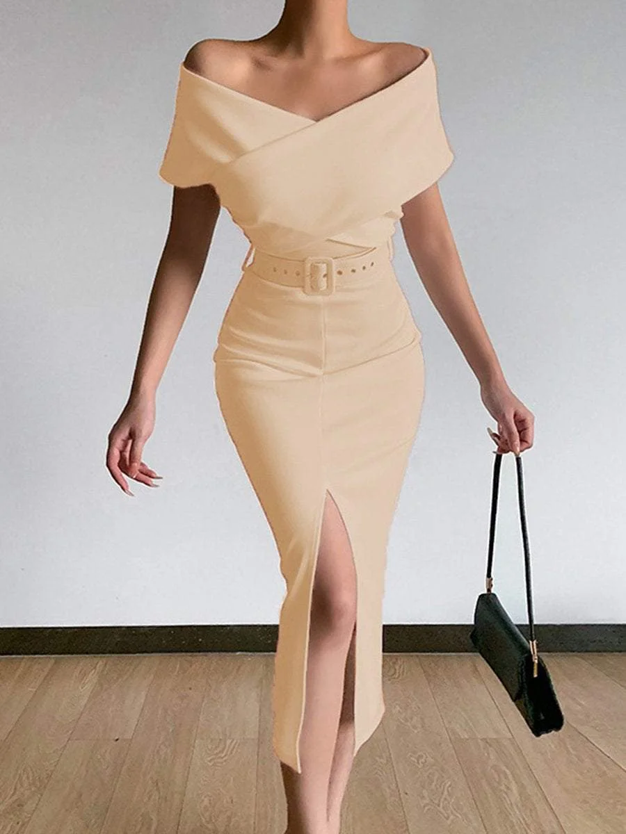 New Off Shoulder Belt Slit Evening Dress