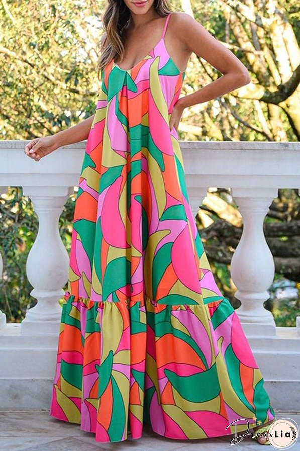 Multicolor Geometric Colorblock V Neck Tiered Maxi Dress