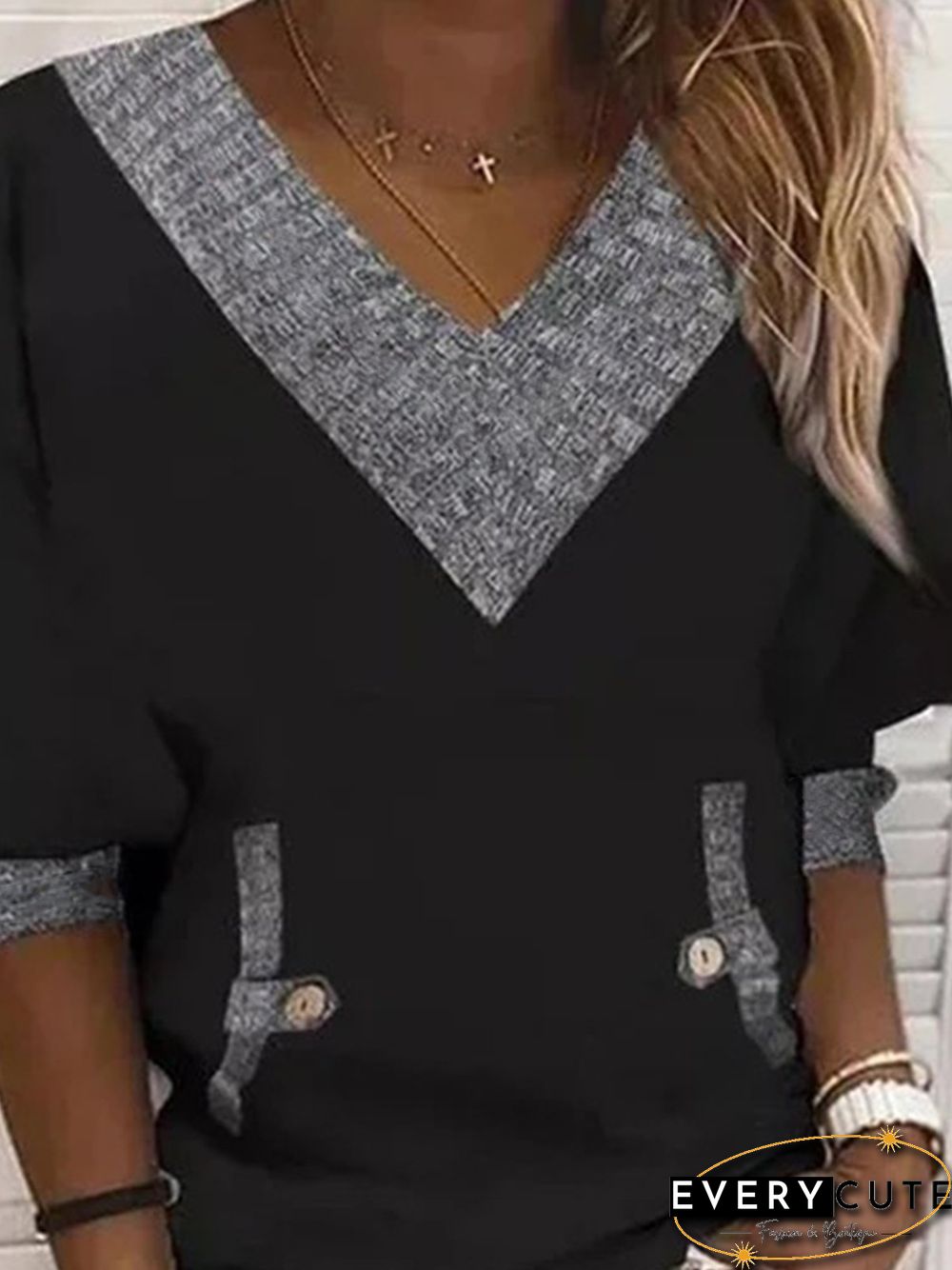 V Neck Casual Simple Long Sleeve Loosen Sweatshirts