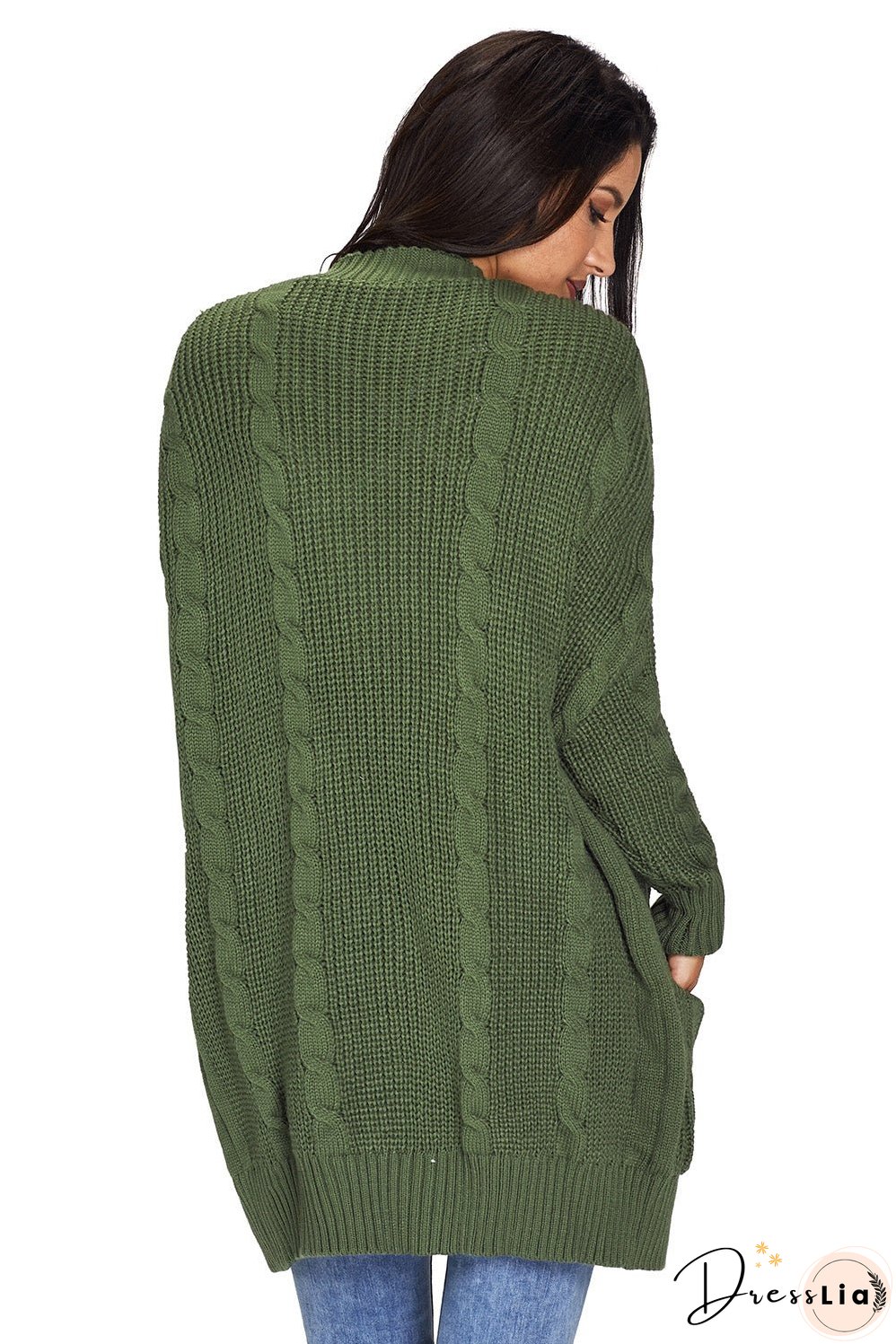 Army Green Knit Texture Long Sleeve Cardigan with pockets