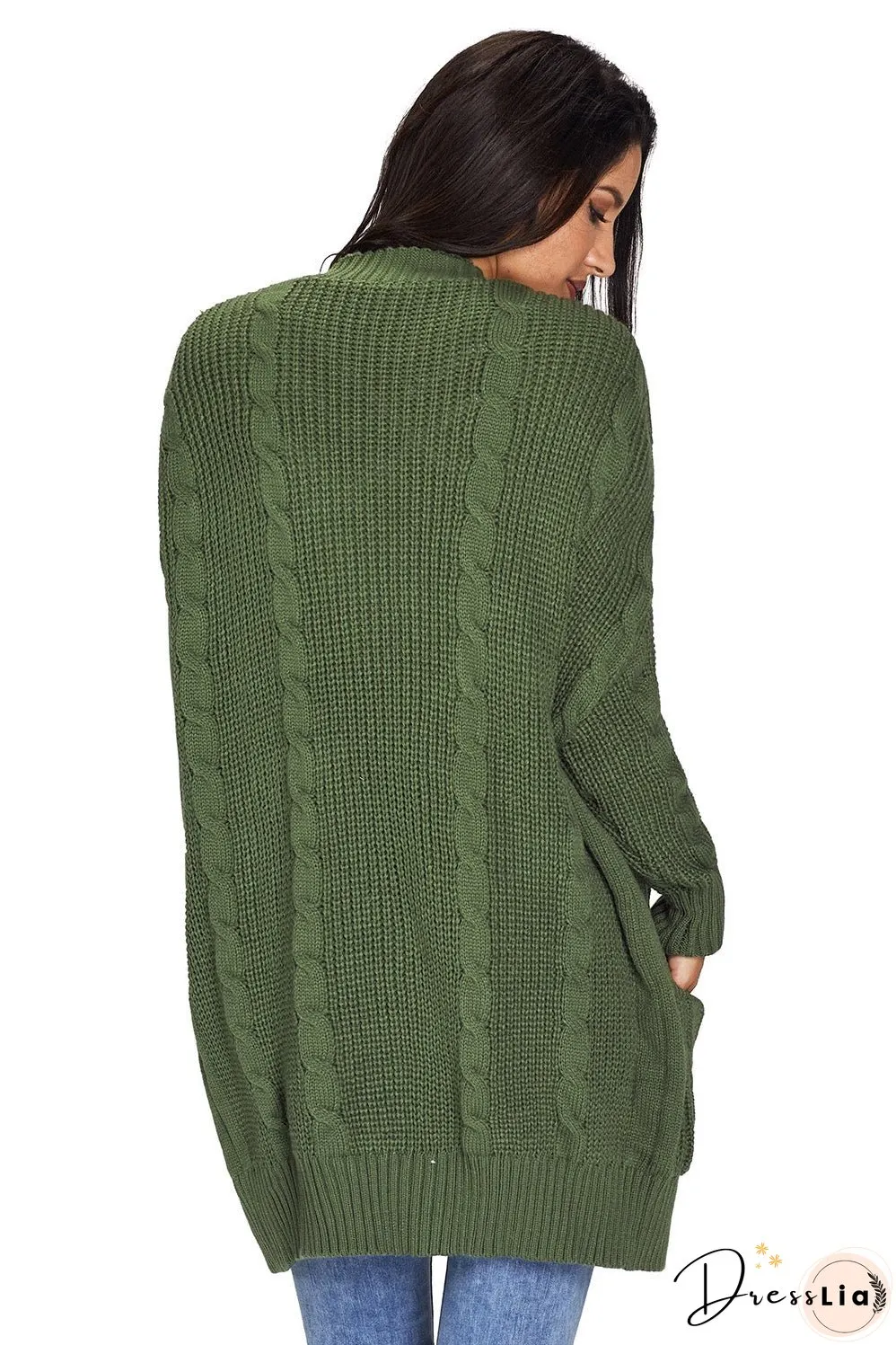 Army Green Knit Texture Long Sleeve Cardigan with pockets