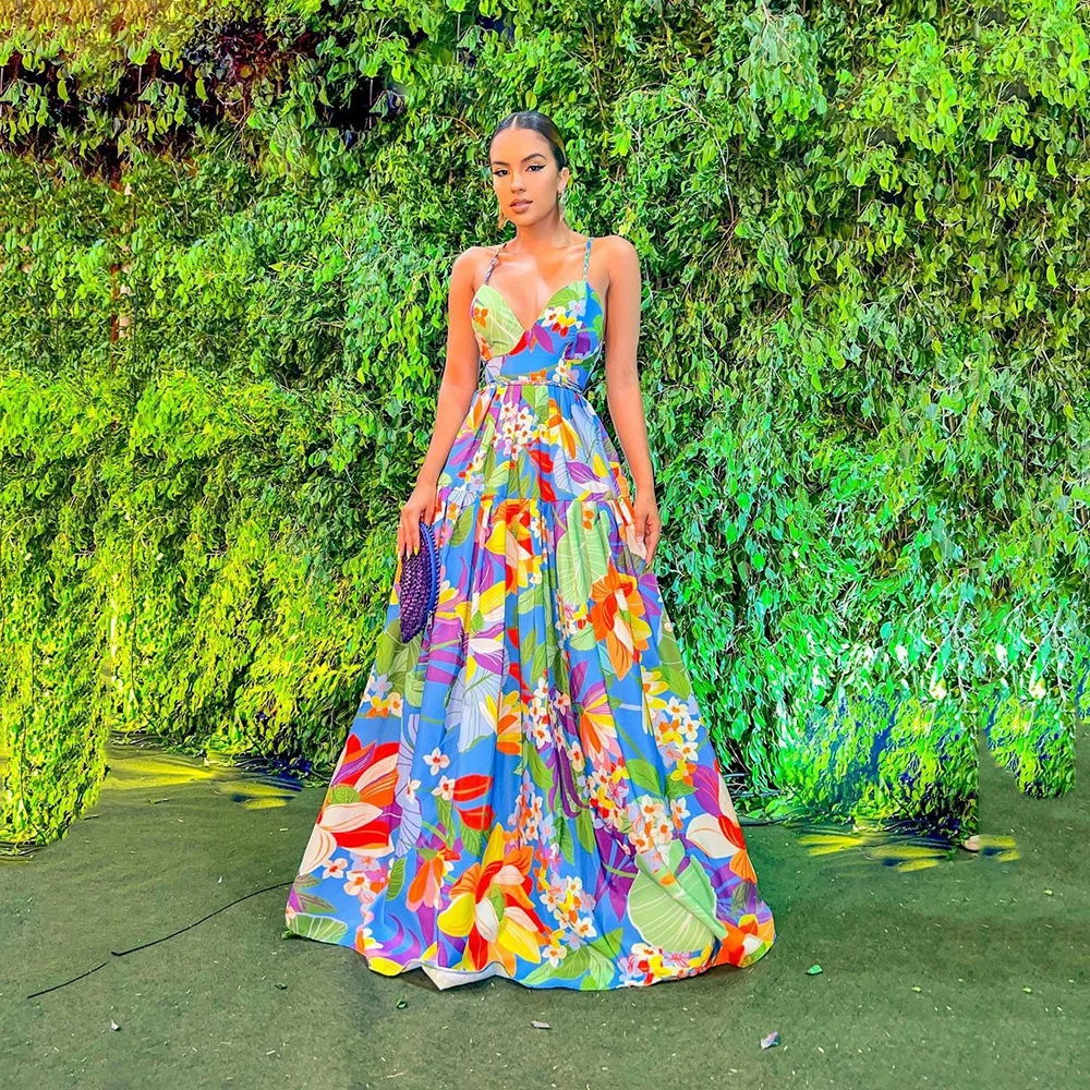 Uveng Uveng Summer New Women's Wish Dress Holiday Print Shoulder Slings Long Skirt