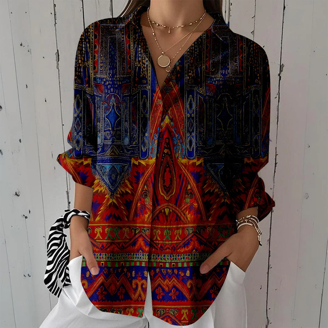 Style & Comfort for Mature Women Women Bohemian, Ethnic, Orange DZCL0477 3/4 Sleeve Shirt Collar Printed Button Tops