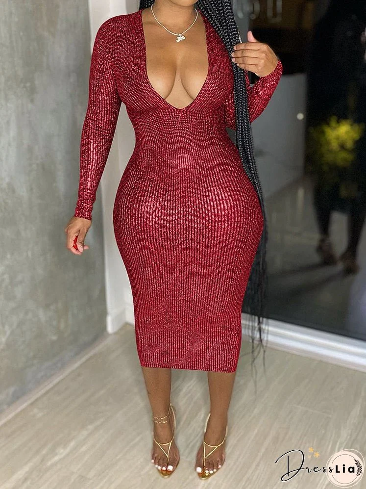 Dresses Fashion Deep V Bronzing Sexy Midi Dress for Women
