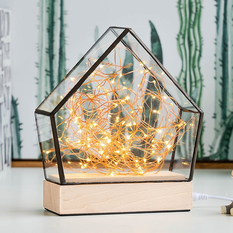 Clear Glass Mini House Nightstand Light Kid Wood Integrated LED Table Lamp with Inner Bear and String Decor
