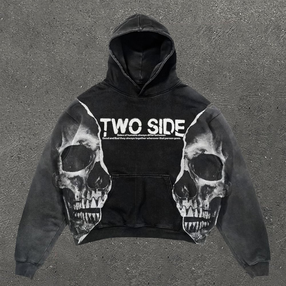 Vintage Two Side Skull Print Street Style Graphic Oversized Hoodie
