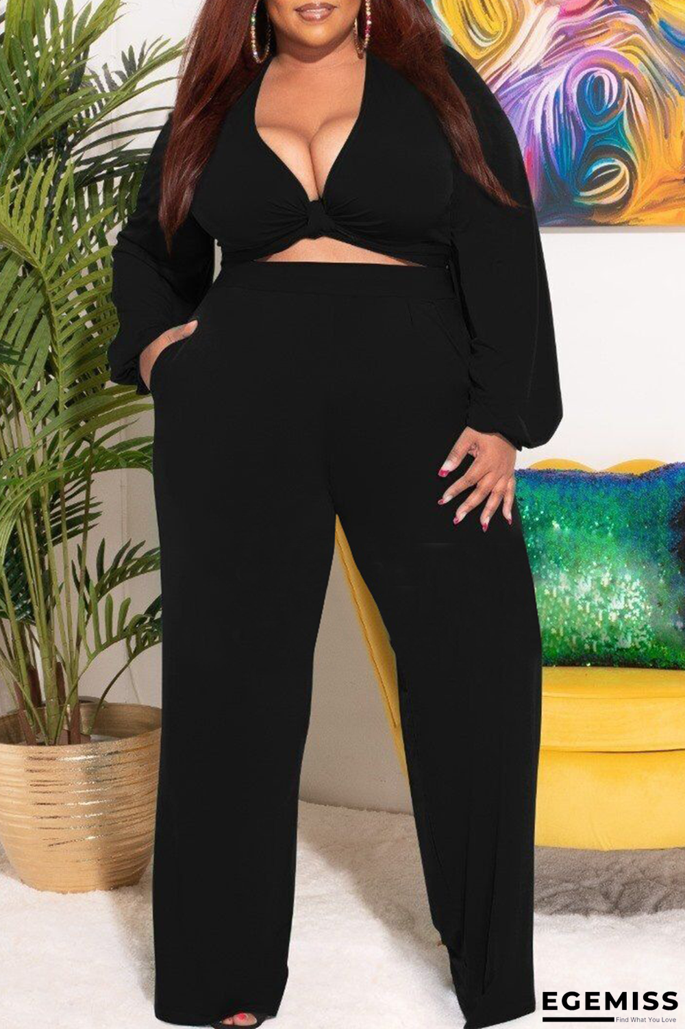 Black Casual Solid Patchwork V Neck Plus Size Two Pieces | EGEMISS