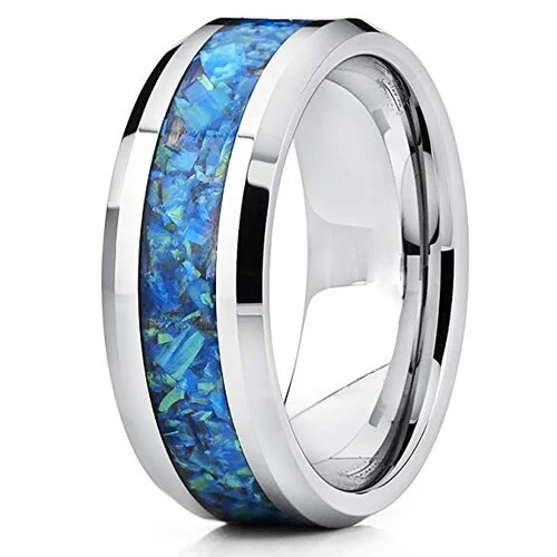 Women's Or Men's Blue Opal Inlay Mens Tungsten Carbide Wedding Band Matching Rings,Silver Tone Wedding ring bands Comfort Fit High Polished Tungsten Carbide Ring With Mens And Womens For Width 4MM 6MM 8MM 10MM