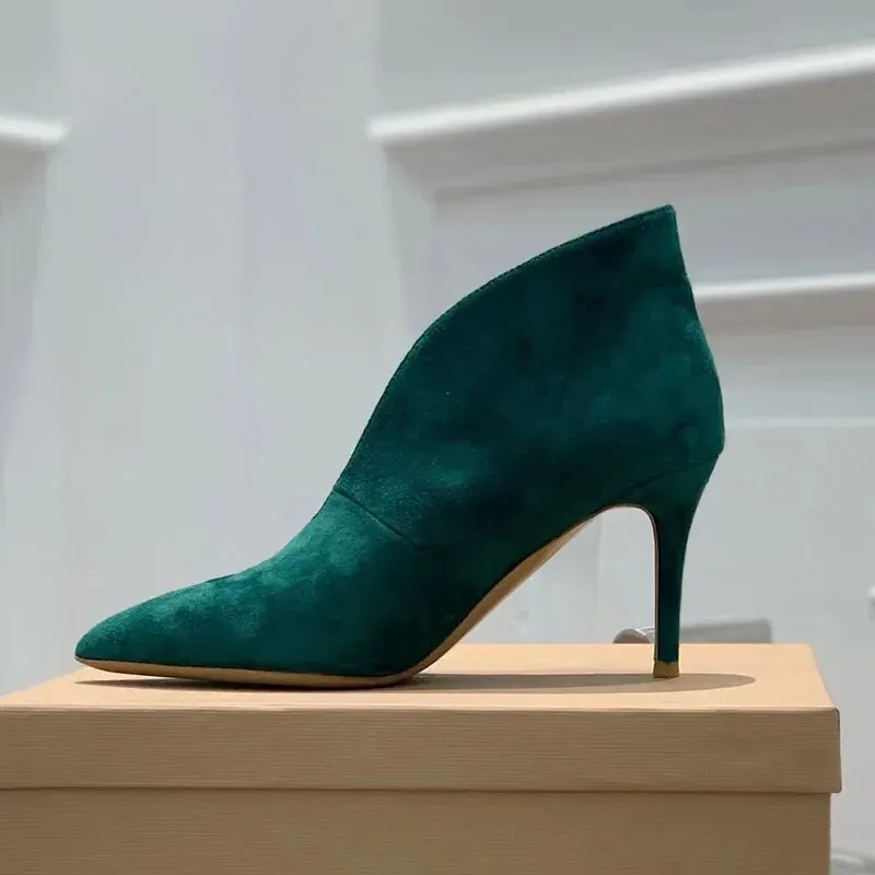 Red V Shape Ankle Boots Woman Pointed Toe Real Suede Leather 8CM High Heels Pumps Lady Party Shoes
