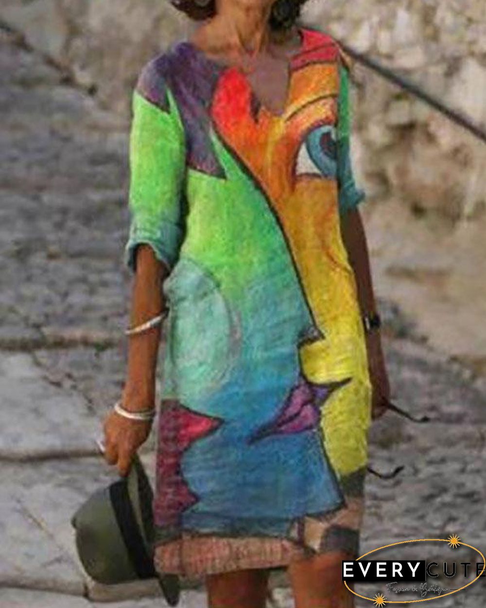 Ladies V-neck Printed Casual Shift Dress