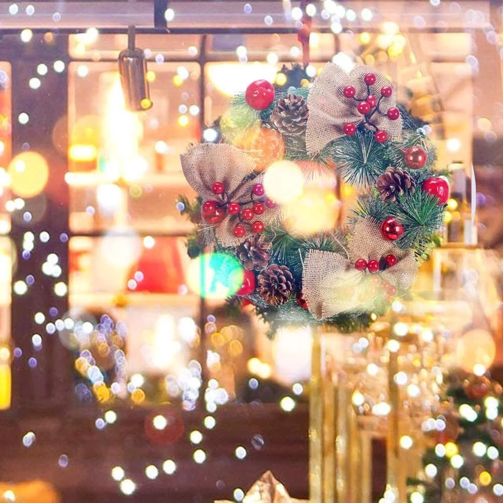 Red Berries Pine Cones Burlap Bow Christmas Wreath Winter Wreath