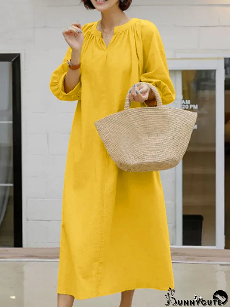 Solid Pocket 3/4 Sleeve V-neck Loose Casual Dress