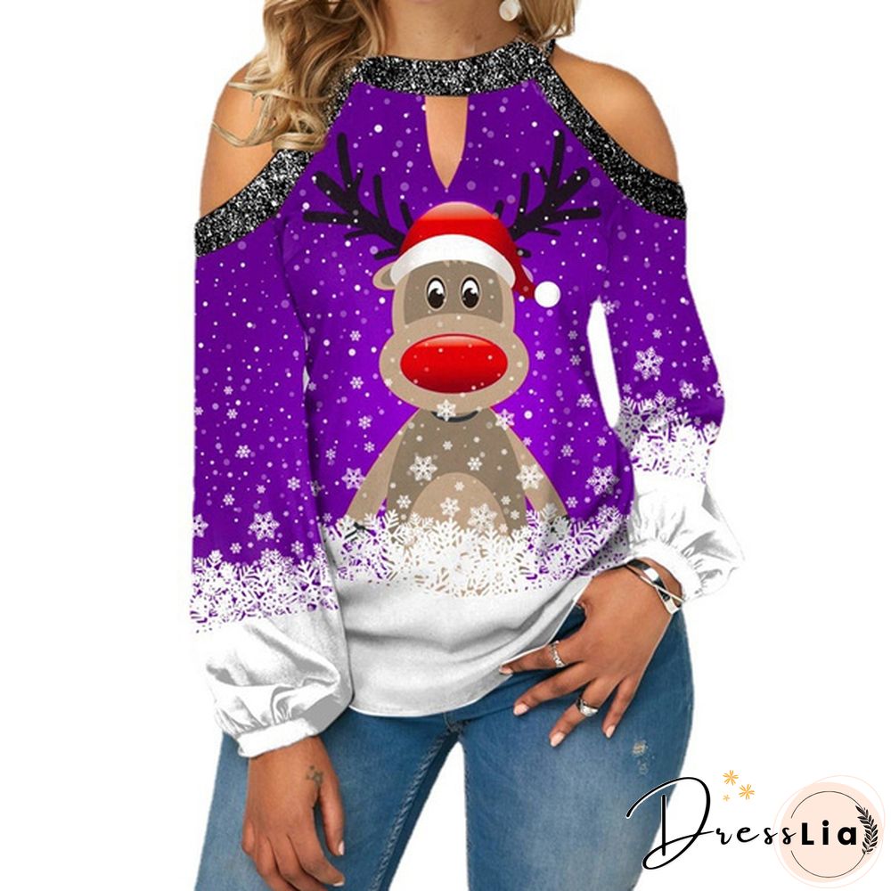 Spring and Early Autumn New Fashion Womens Christmas Printed Long Sleeve V-neck Off
