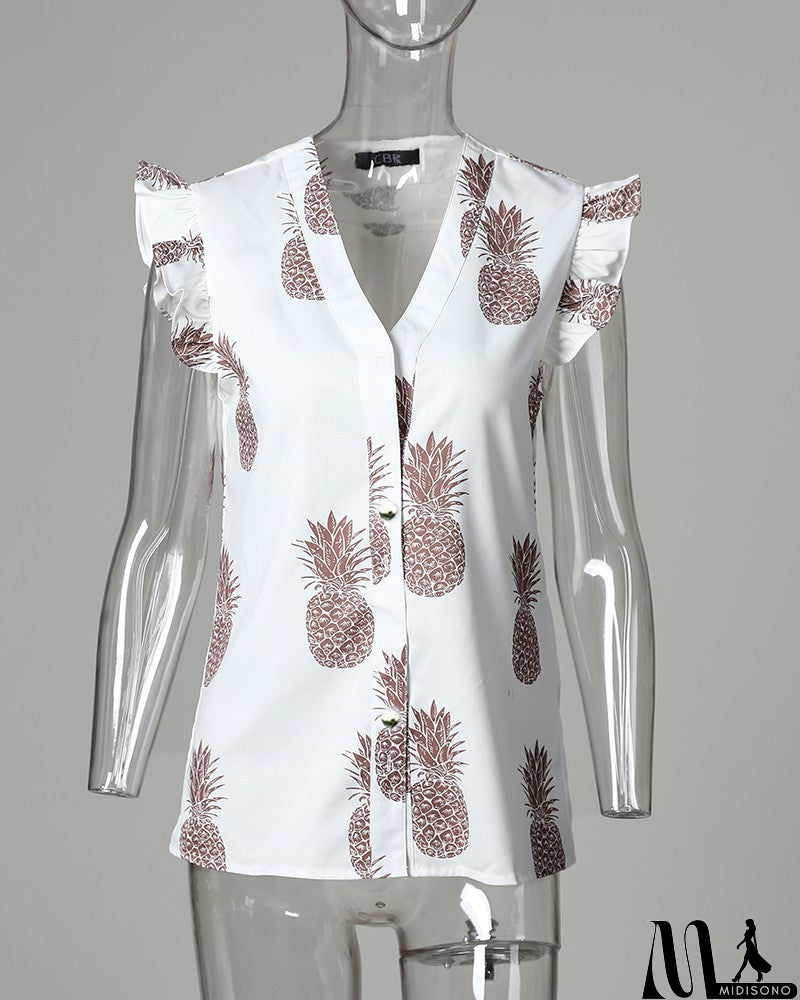 MidiSono - Printed V-Neck Casual Sleeveless Ruffled Shirt