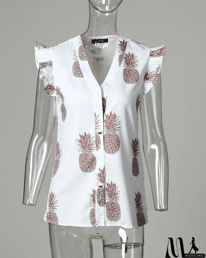 MidiSono - Printed V-Neck Casual Sleeveless Ruffled Shirt