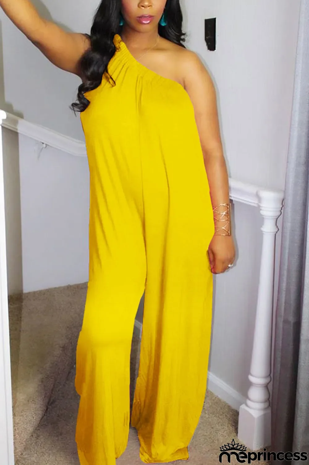 rose red Fashion Sexy Patchwork Solid Polyester Sleeveless one shoulder collar Jumpsuits