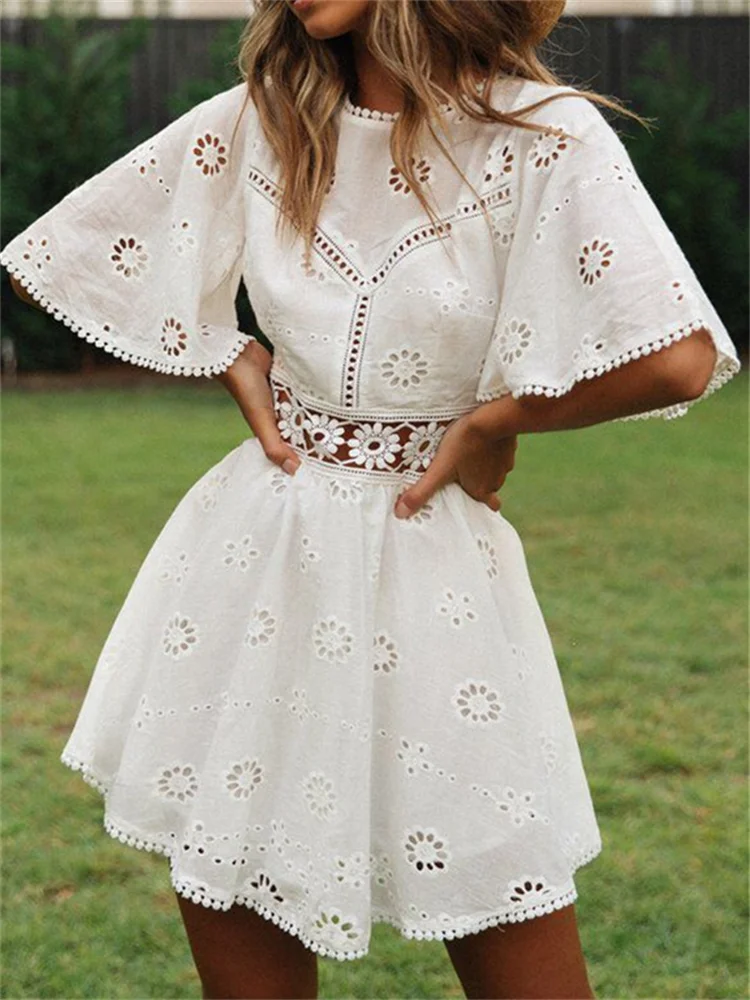 Hollow Embroidered Floral Flare Mini Dress