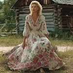 Bohemian Style Floral Butterfly Pattern Women's V-neck Dress - Image 2