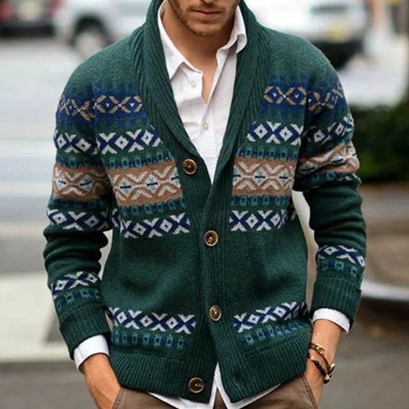 Stylish Long-Sleeved Dark Green Jacquard Knitted Cardigan