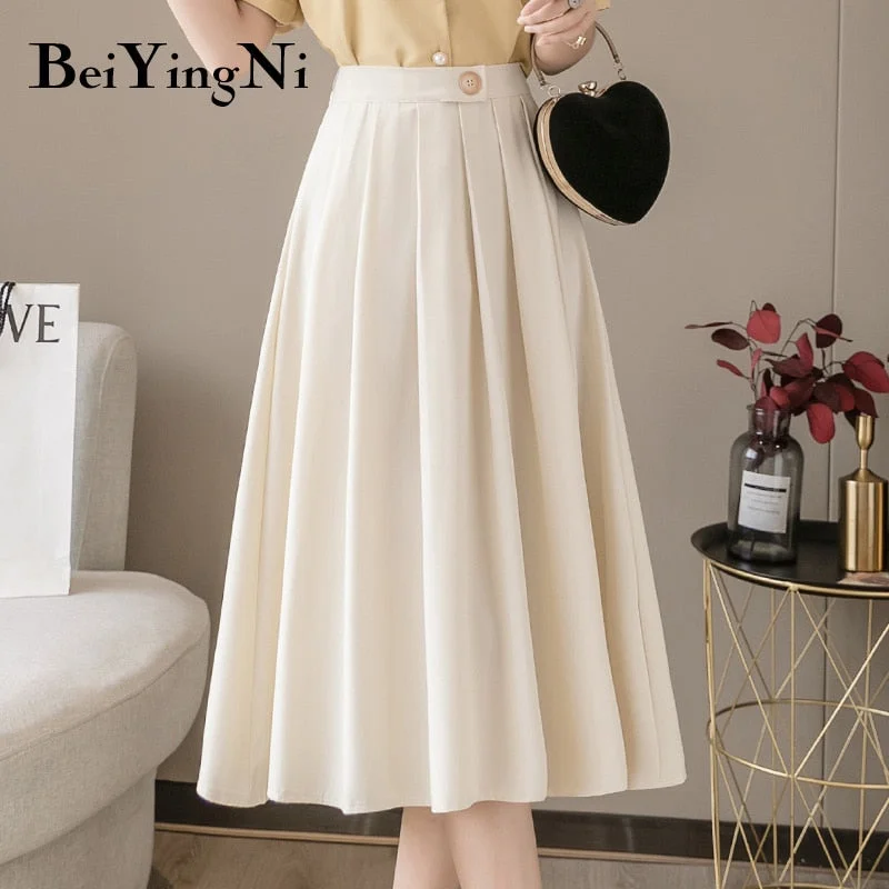 Beiyingni 2020 Elegant Pleated Women Skirt Midi Solid Color Work Wear Vintage Fashion High Waist Skirts Casual Black Jupe Femme
