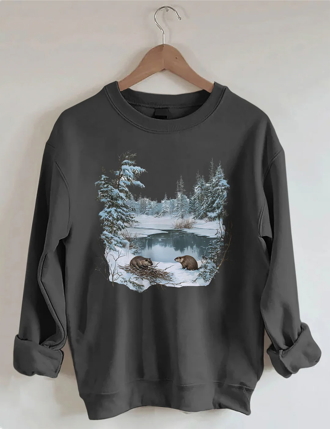 Beavers Winter Pond Snowy Scene Sweatshirt