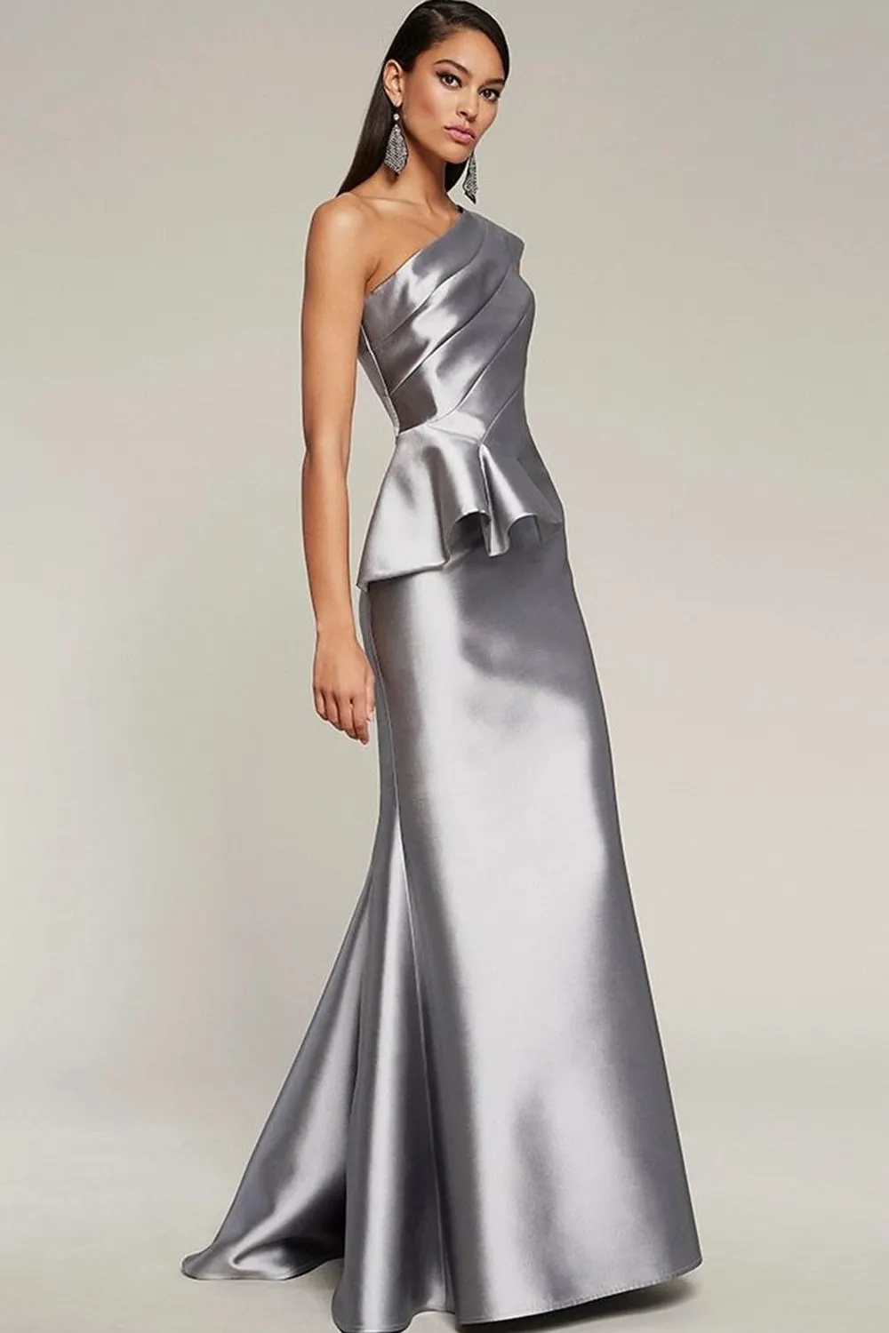 One Shoulder Ruffled Sleeveless Maxi Dress-Silver Grey
