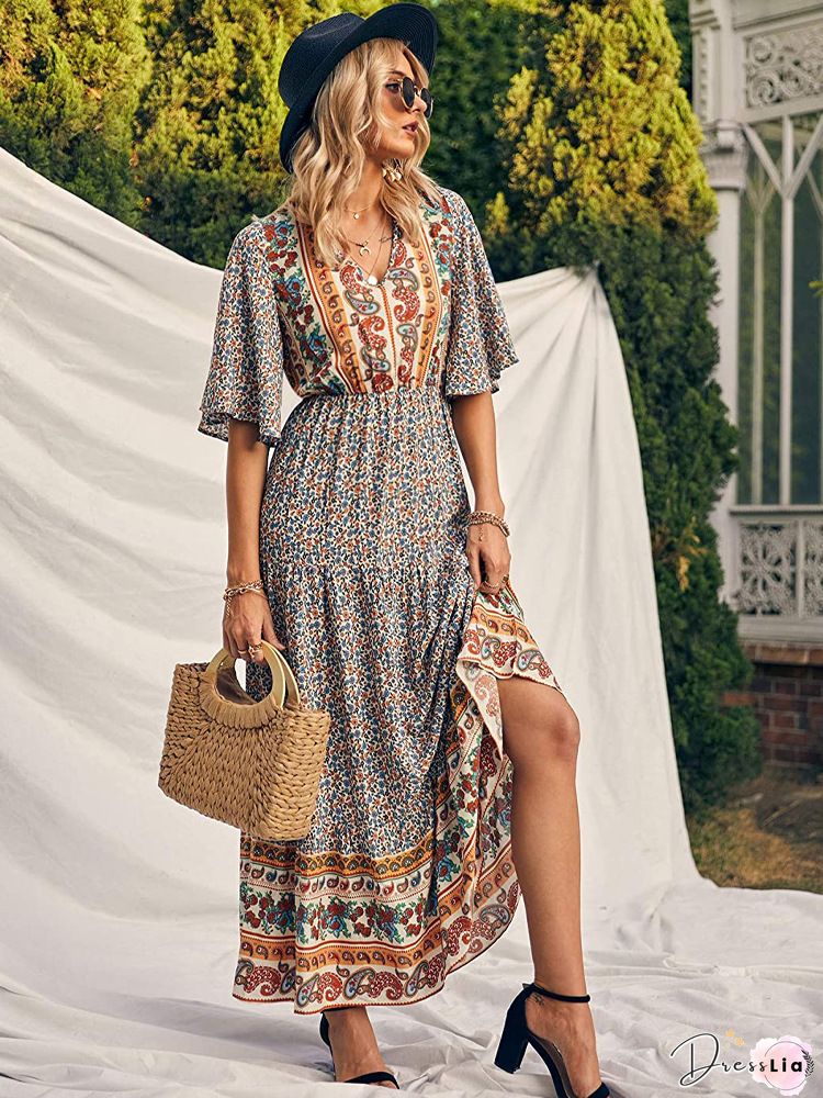 Floral Button Flares Sleeve Dress